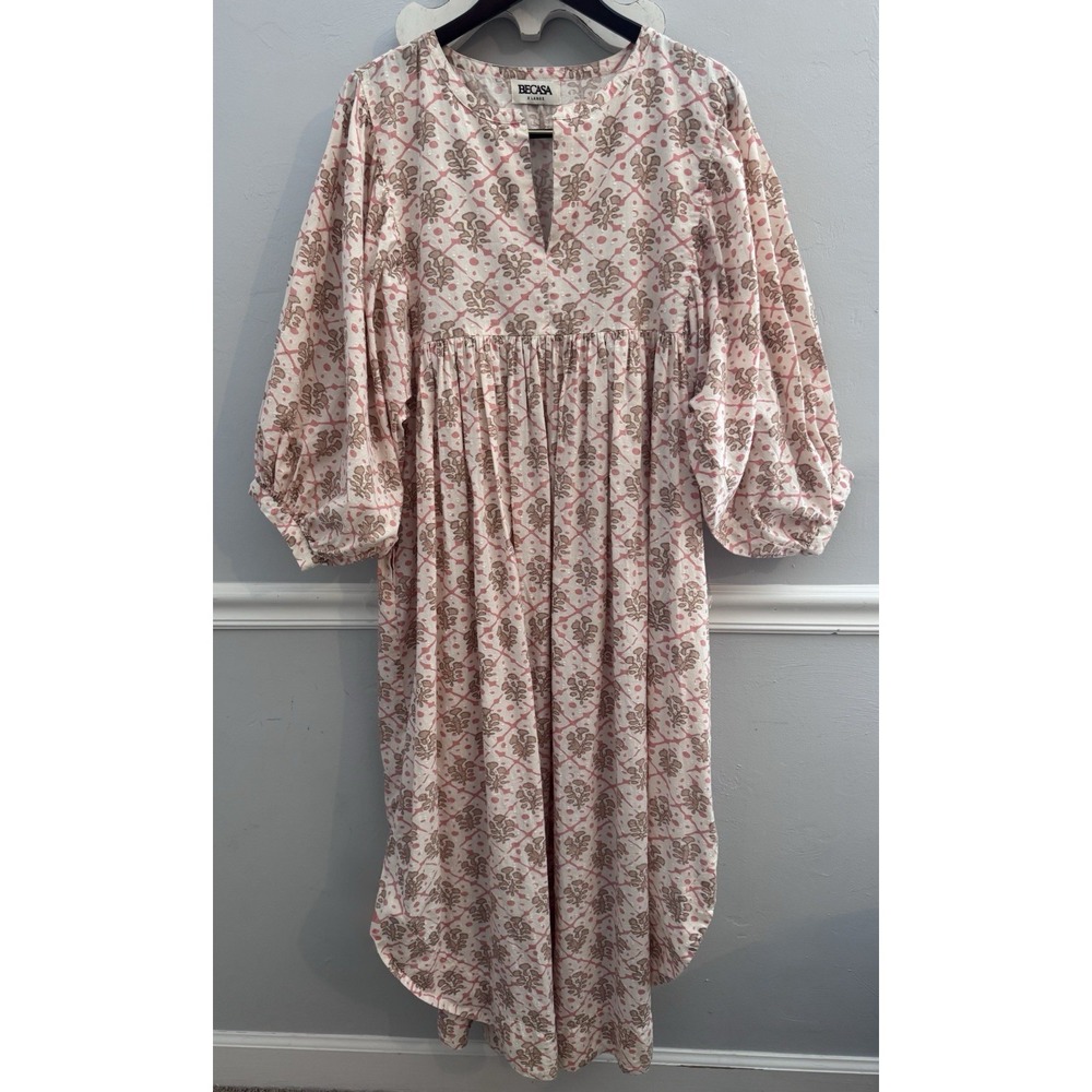 BECASA Women's Hand Block Printed Cotton Midi Dress Size XL